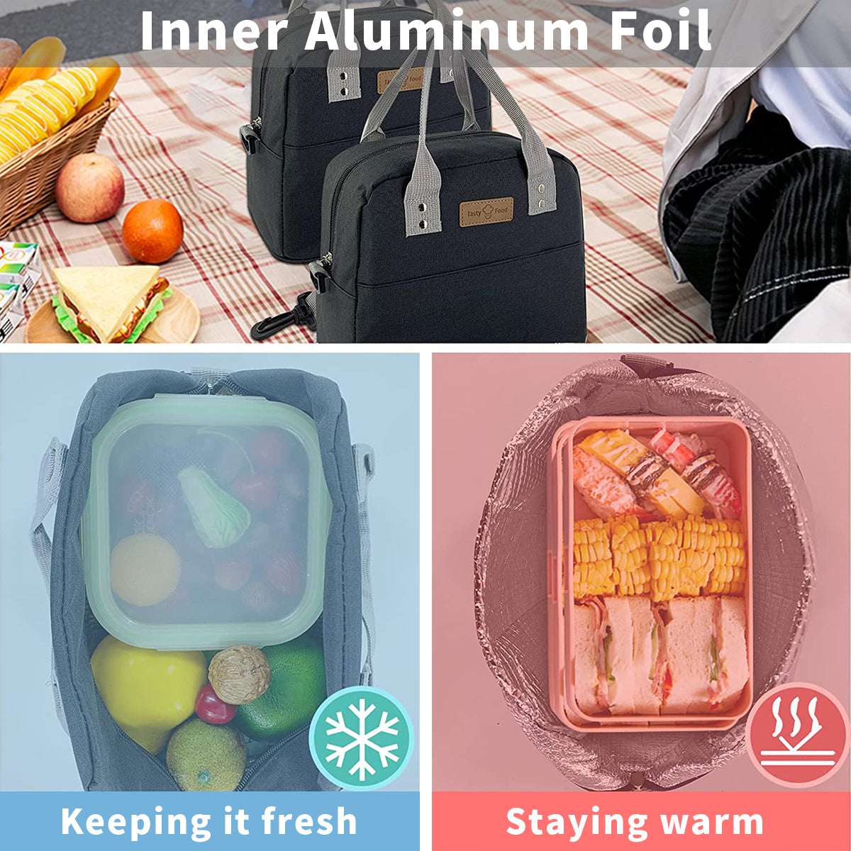 Lunch Box Bag, Insulated Lunch Bags for Camping School Picnic, Portable Lunch Box Bag for Office Man Women Student Kids Bento Box Pouch, Black