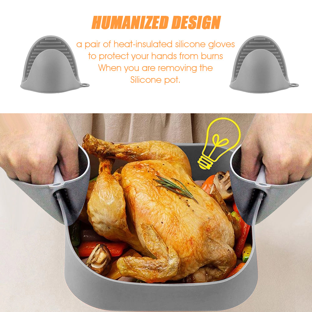 HASTHIP® Air Fryer Reusable Silicone Pot with 2 Anti-Scald Oven Mitt, 8.1-inch Non-Stick Air Fryer Liners with Ear Handles, Air Fryer Accessories, Food-Grade Air Fryer Basket for 6 QT (Grey)