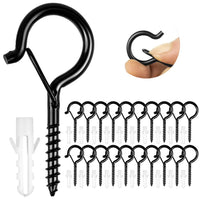 HASTHIP® 20Pcs Screw Wall Hooks for Outdoor String Lights, Outdoor Hooks for Light Eye Hooks Screw-in Cup Hooks Ceiling Hooks with Safety Buckles, Hanging Hooks for Plants Pot (Black)