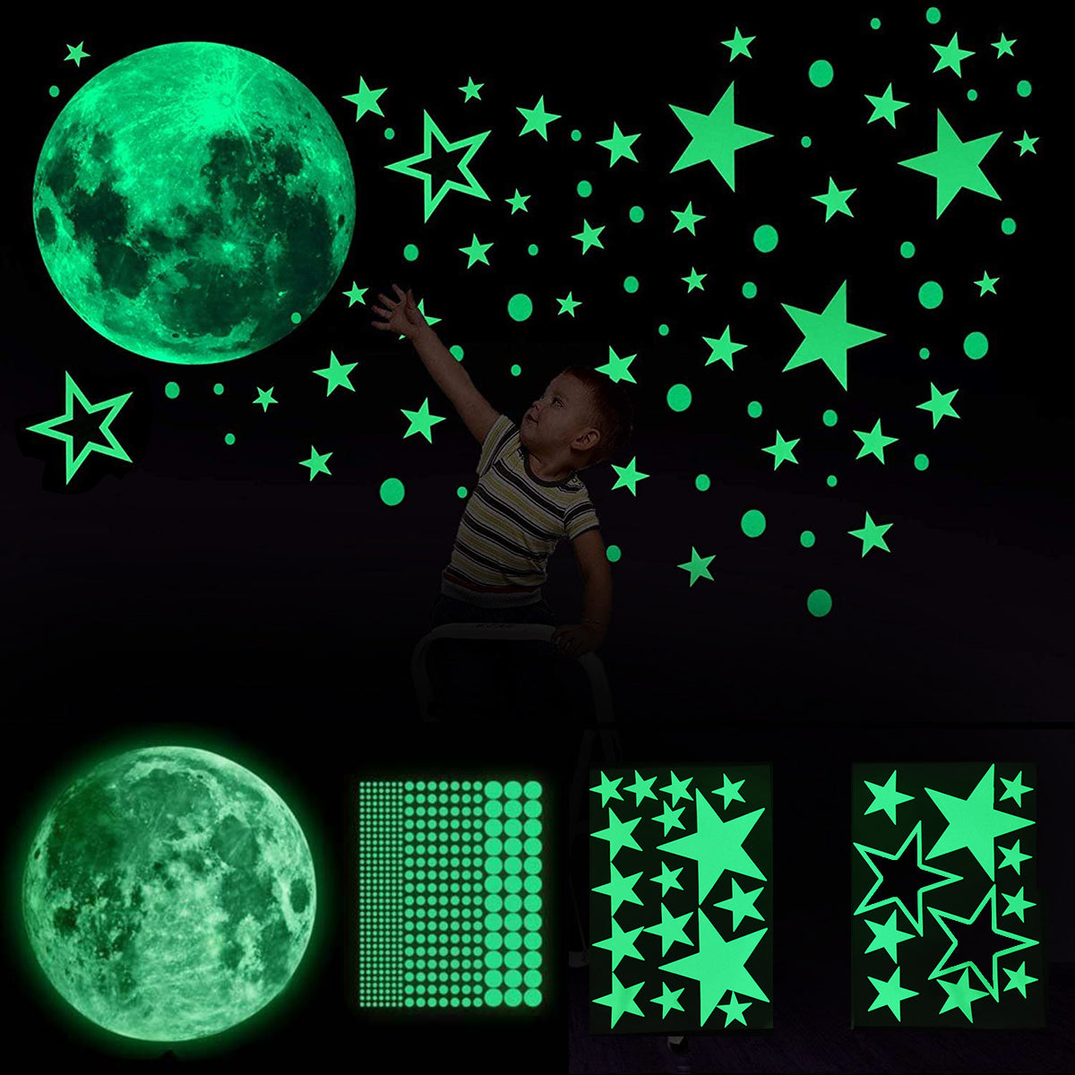 435pcs 3D Luminous Wall Paper Sticker Night Glow Moon Star Theme Wall Decoration Sticker Fluorescent Wall Sticker, Ceiling Decoration for Kids Room, Starry Bedroom, Living Room