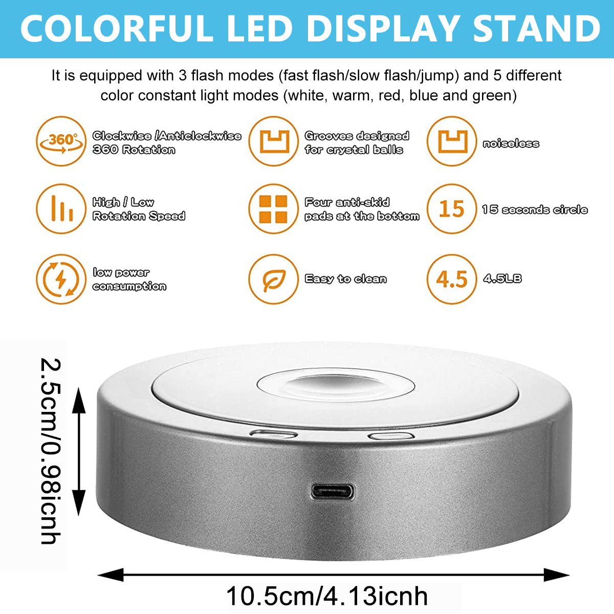 1Pcs Rotating Display Stand, Display Stand with Colored Lights, Lighted LED Base for Glass Art with 4 Revolving & 8 Light Modes, USB Charging & Battery-Operated (Without Battery)