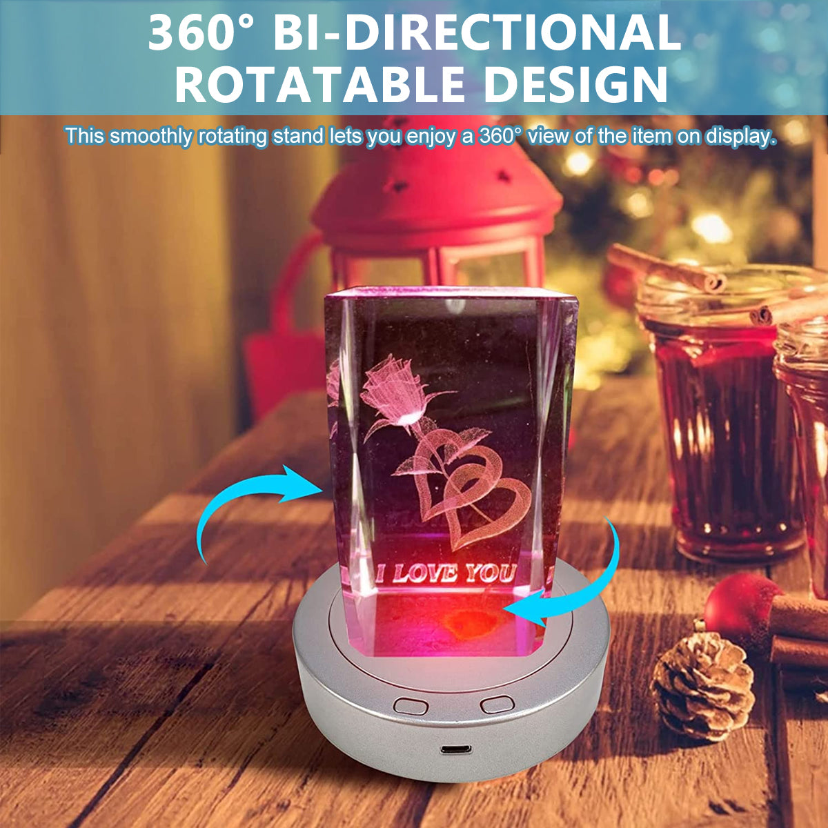 1Pcs Rotating Display Stand, Display Stand with Colored Lights, Lighted LED Base for Glass Art with 4 Revolving & 8 Light Modes, USB Charging & Battery-Operated (Without Battery)