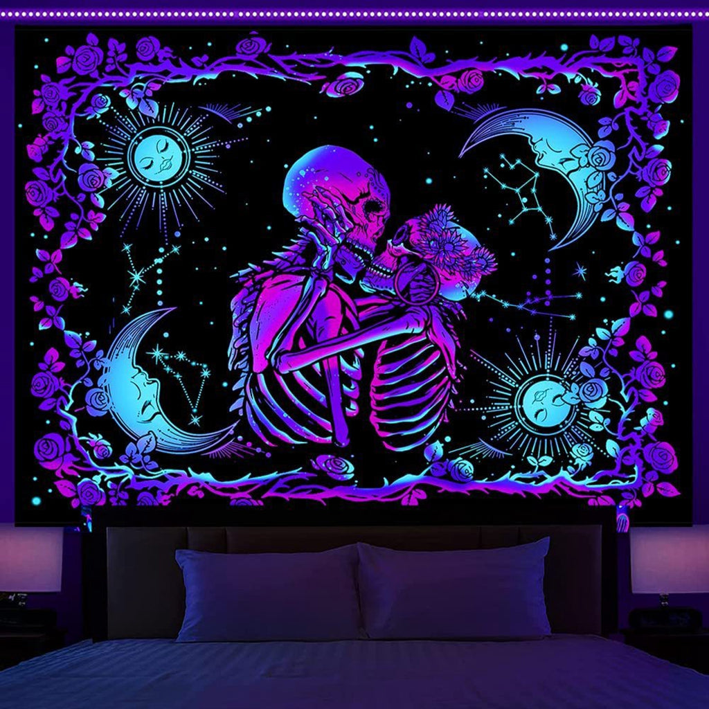 UV Luminous Skull Tapestry, UV Reactive Tapestry Glow in The Dark, The Kissing Lovers Tapestry, Skeleton Wall Art for Bedroom Living Room for Room Dorm (51inch x 59inch)