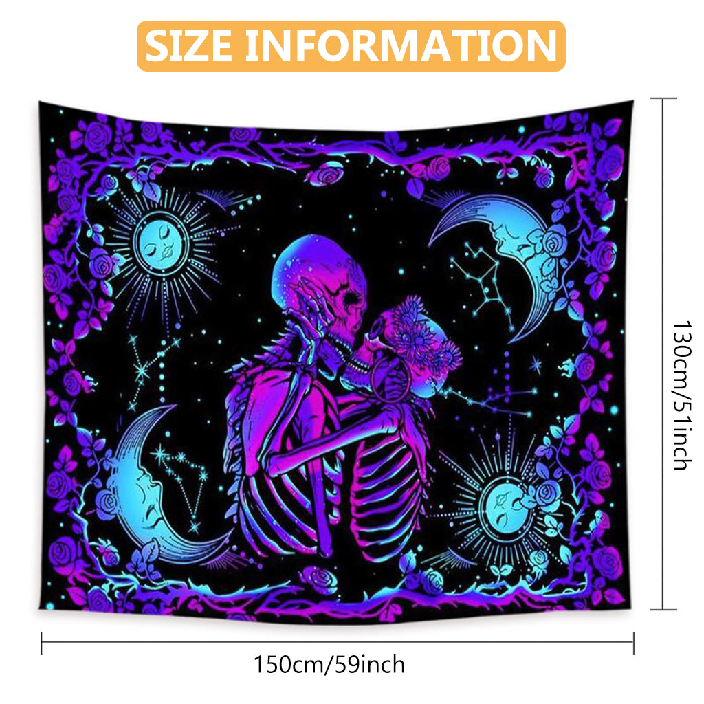 UV Luminous Skull Tapestry, UV Reactive Tapestry Glow in The Dark, The Kissing Lovers Tapestry, Skeleton Wall Art for Bedroom Living Room for Room Dorm (51inch x 59inch)