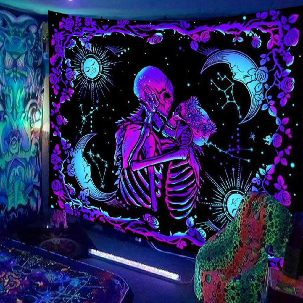 UV Luminous Skull Tapestry, UV Reactive Tapestry Glow in The Dark, The Kissing Lovers Tapestry, Skeleton Wall Art for Bedroom Living Room for Room Dorm (51inch x 59inch)