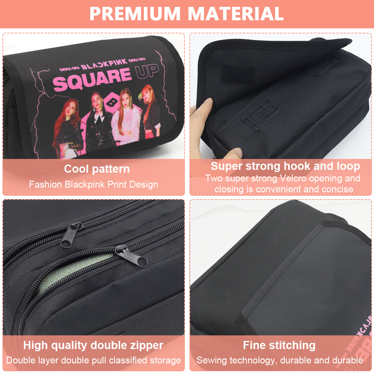 Blackpink Prints Cosmetic Bag Organizer Pencil Box Case Large Capacity Double Zippers Pouch for Blackpink Fans, Fashion Stationary Bag for Women School Girls Boys Gifts