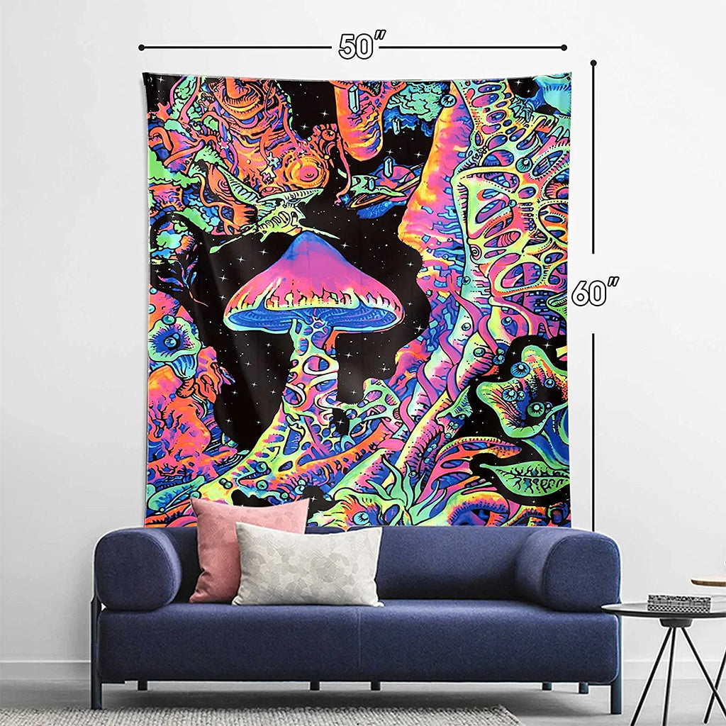 UV Luminous Mushroom Tapestry, Fantastic Upright Tapestry Glow In The Dark, UV Reactive Tapestries Posters Wall Hanging for Backdrop (51inch x 59inch)( Black)