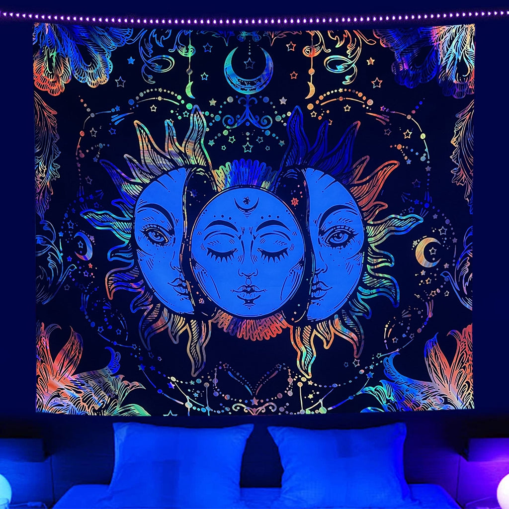 Uv Luminous Tapestry Uv Reactive Tapestry Glow In The Dark Sun And Moon Tapestry Uv Reactive Tapestry Wall Hanging (51Inch X 59Inch) (Multi-Colour)