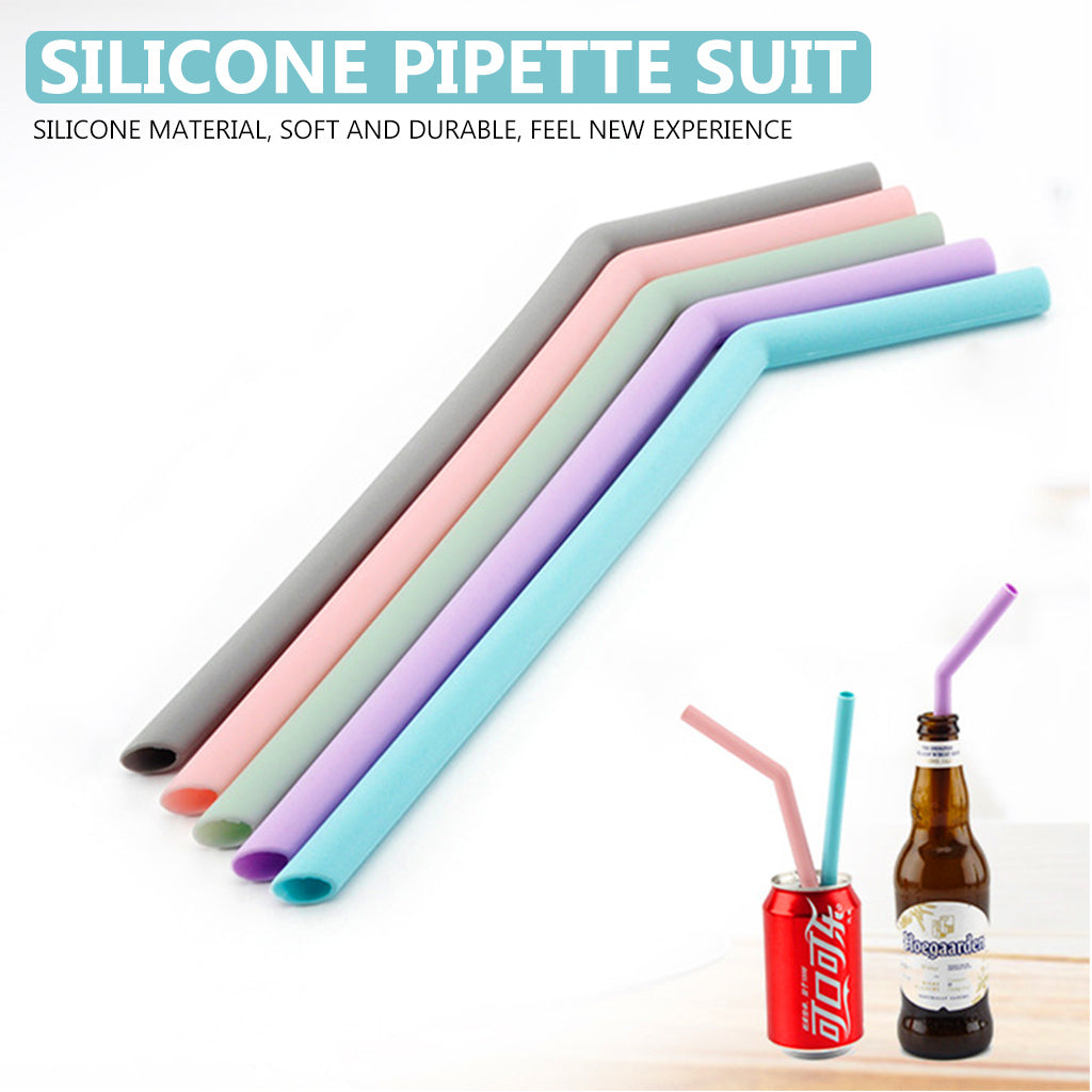 5Pcs Reusable Silicone Straws, 9.8inch Portable Straws Extra Long Flexible Kids/Toddlers Straws for 20 oz 30 oz Water Glasses with Cloth Bag and Cleaning Brush