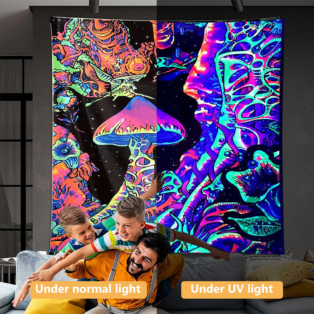 UV Luminous Mushroom Tapestry, Fantastic Upright Tapestry Glow In The Dark, UV Reactive Tapestries Posters Wall Hanging for Backdrop (51inch x 59inch)( Black)