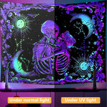 UV Luminous Skull Tapestry, UV Reactive Tapestry Glow in The Dark, The Kissing Lovers Tapestry, Skeleton Wall Art for Bedroom Living Room for Room Dorm (51inch x 59inch)