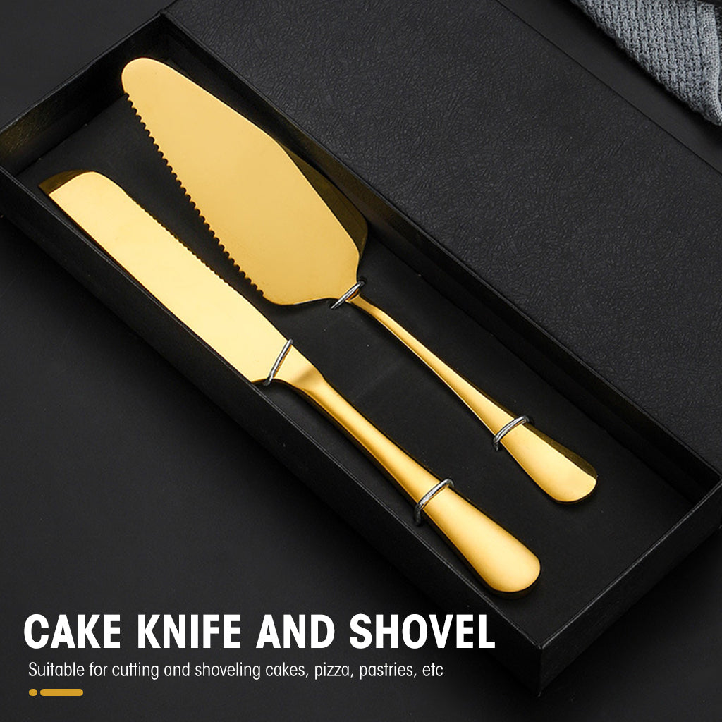 Cake Cutting Knife Set, Elegant Stainless Steel Cake Knife and Cake Server Set, Cake Cutter and Pie Spatula for Birthday Anniversary Christmas Gift Set of 2, Gold