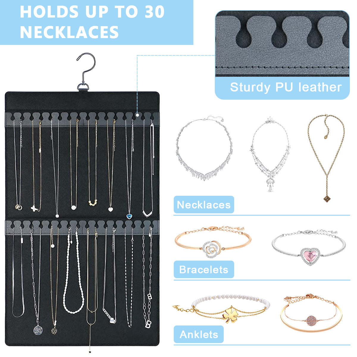 Hanging Jewellery Organisers, Dual-sided Necklace & Earrings Organizer, Large Felt Jewelry Organizer Hanger for Closet, Wall, Door - Holds Up to 300 Pairs of Earrings and 30 Necklaces