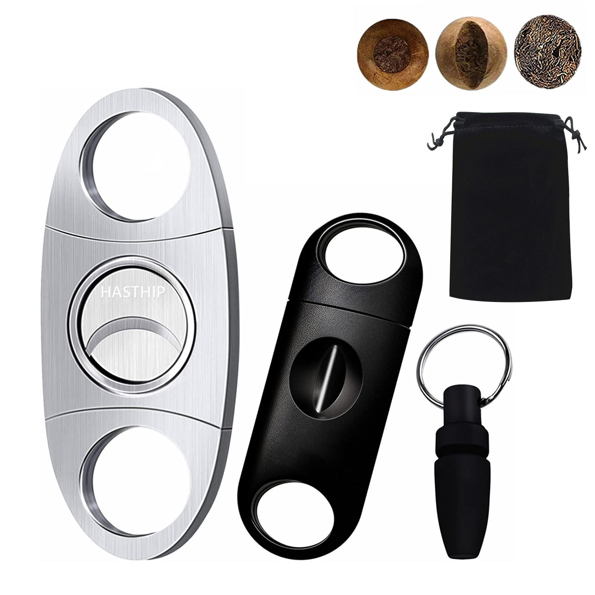 3PCS Cigar Cutter Set, Stainless Steel V-Cut Cigar Cutter & Cigar Punch for Most Size of Cigars, Portable Pocket Cigar Tool with Bag, Perfect Combo of Cigar Accessories for Men