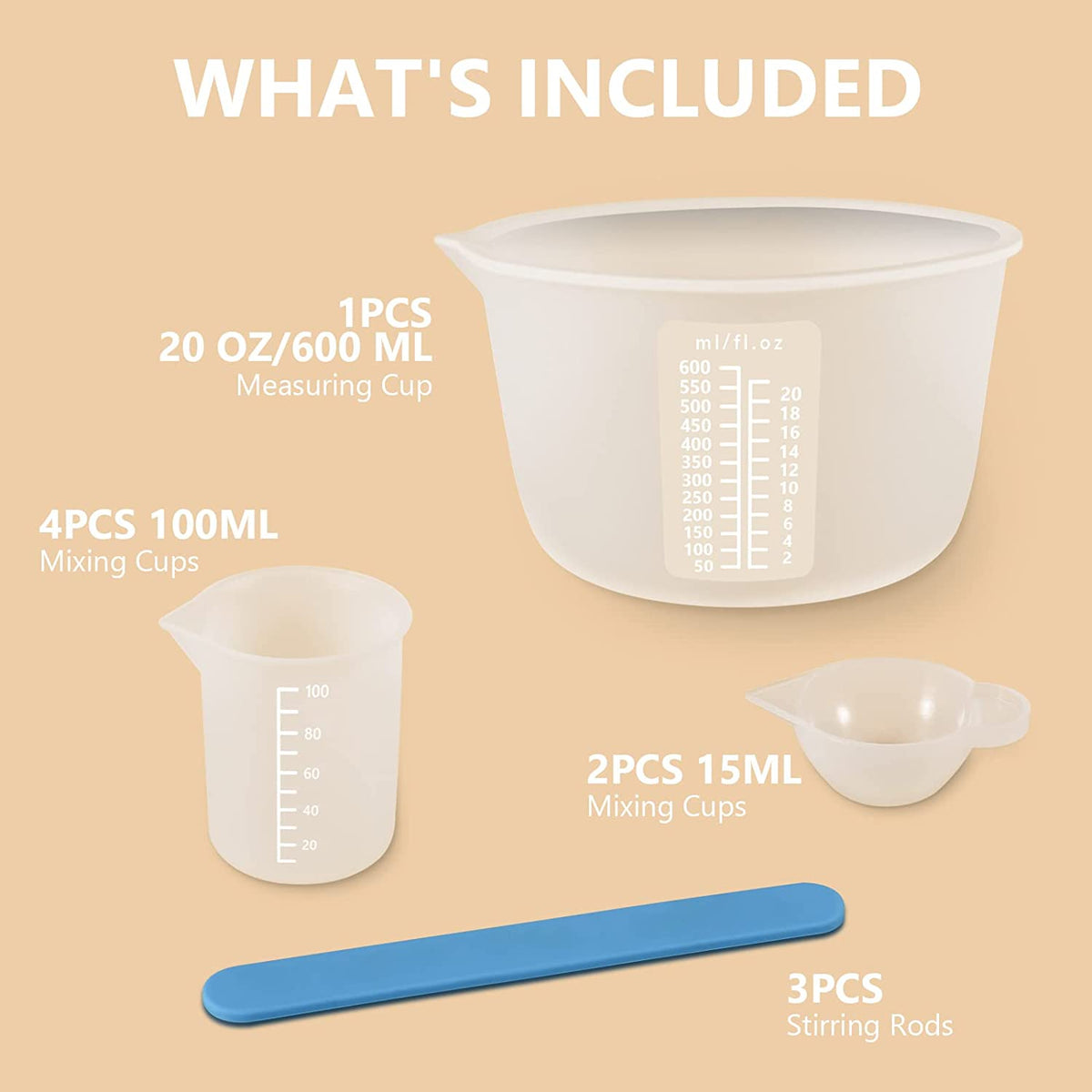 9PCS Silicone Measuring Cups for Resin, Reusable Resin Measure Cup with 600&100ml, Silicone Stir Sticks, Resin Mixing Kit for Epoxy Resin, Molds, Jewelry Making, Waxing