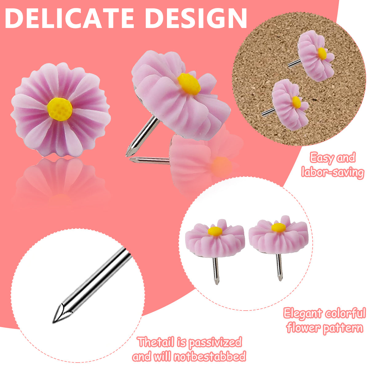 30PCS Flower Thumb Tacks, Decorative Daisy Push Pins Creative Thumbtacks for Photo Wall, Feature Wall, Whiteboard, Cork Board, Map, Bulletin Board, Office or Home