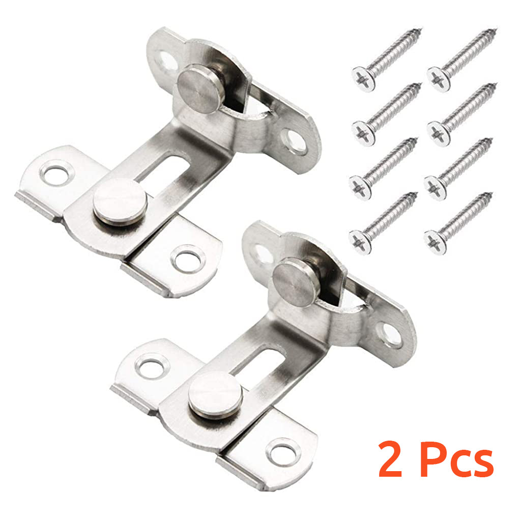 2 Pcs Cupboard Lock Stainless Steel 90° Door Buckle Bolt Barn Door Lock Right Angle Latches Bar Latch Safety Door Lock for Door, Fence, Cabinet, Chicken Coop, 2.4 inch