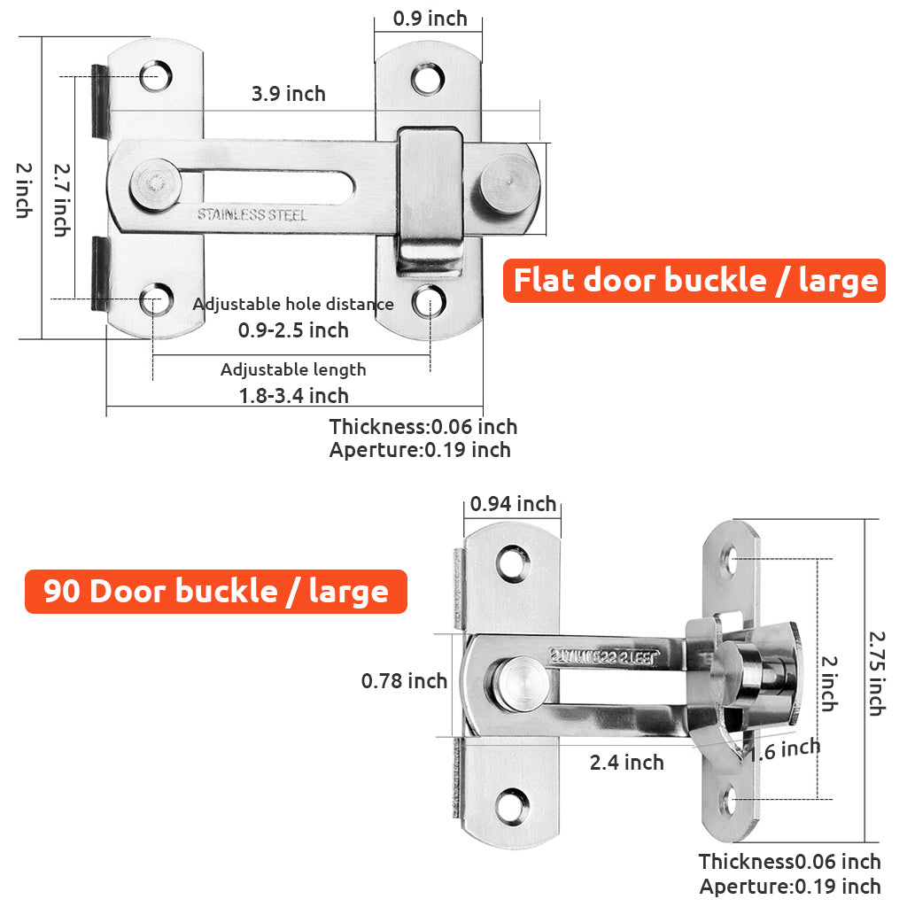 2 Pcs Cupboard Lock Stainless Steel 90° Door Buckle Bolt Barn Door Lock Right Angle Latches Bar Latch Safety Door Lock for Door, Fence, Cabinet, Chicken Coop, 2.4 inch