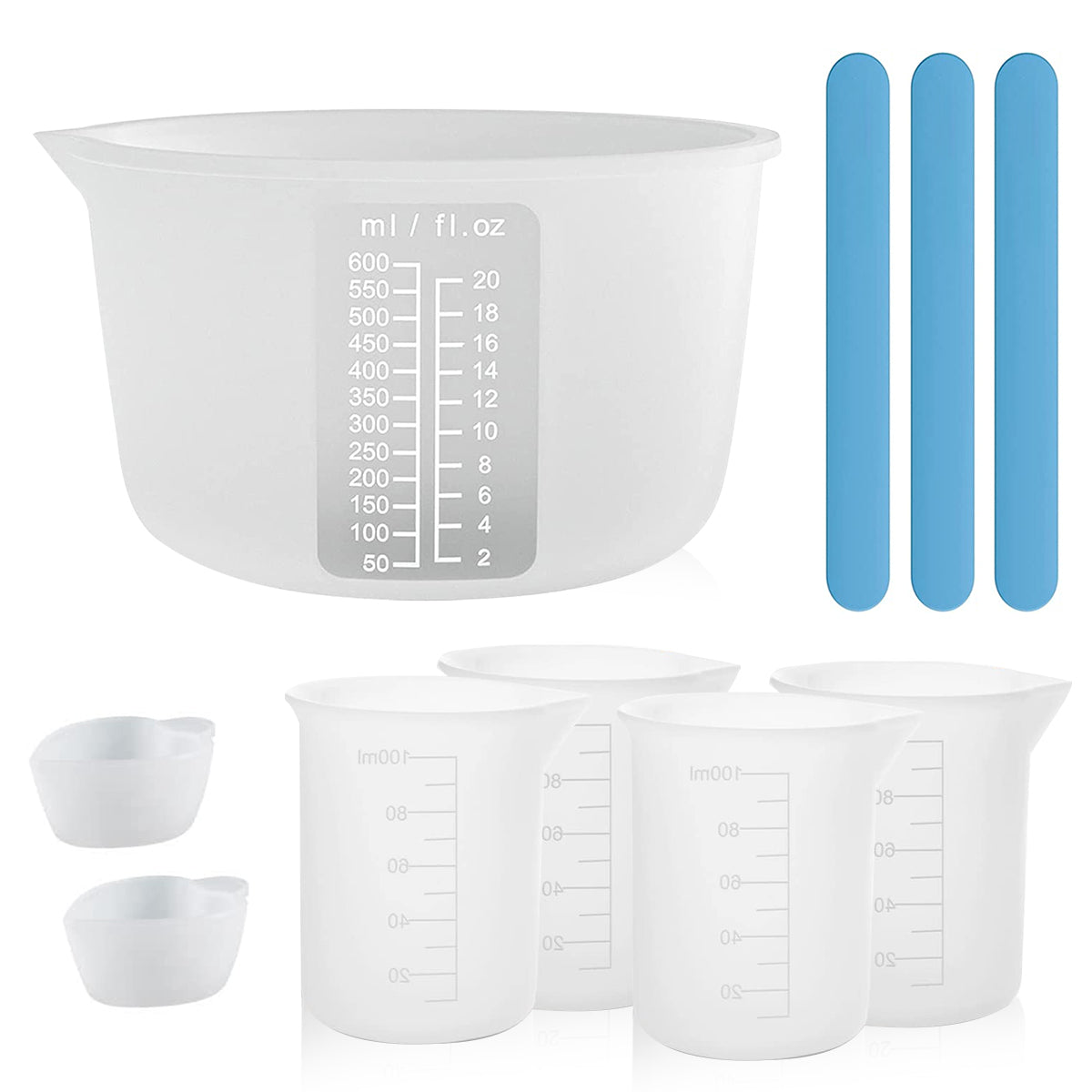 9PCS Silicone Measuring Cups for Resin, Reusable Resin Measure Cup with 600&100ml, Silicone Stir Sticks, Resin Mixing Kit for Epoxy Resin, Molds, Jewelry Making, Waxing