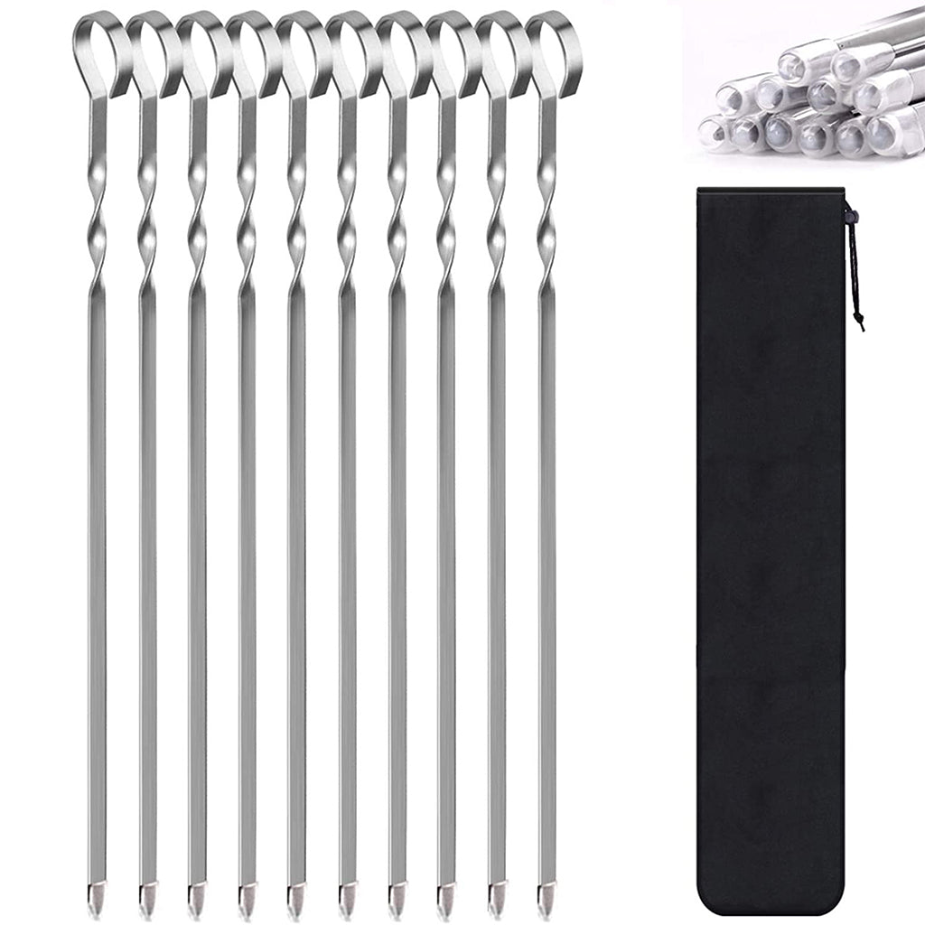 10Pcs Skewers for Grilling, 14" Stainless Steel Barbecue Skewers with Carry Bag, Reusable BBQ Barbecue Shish Kabob Sticks Skewers for Grilling Meat Shrimp Chicken Vegetable