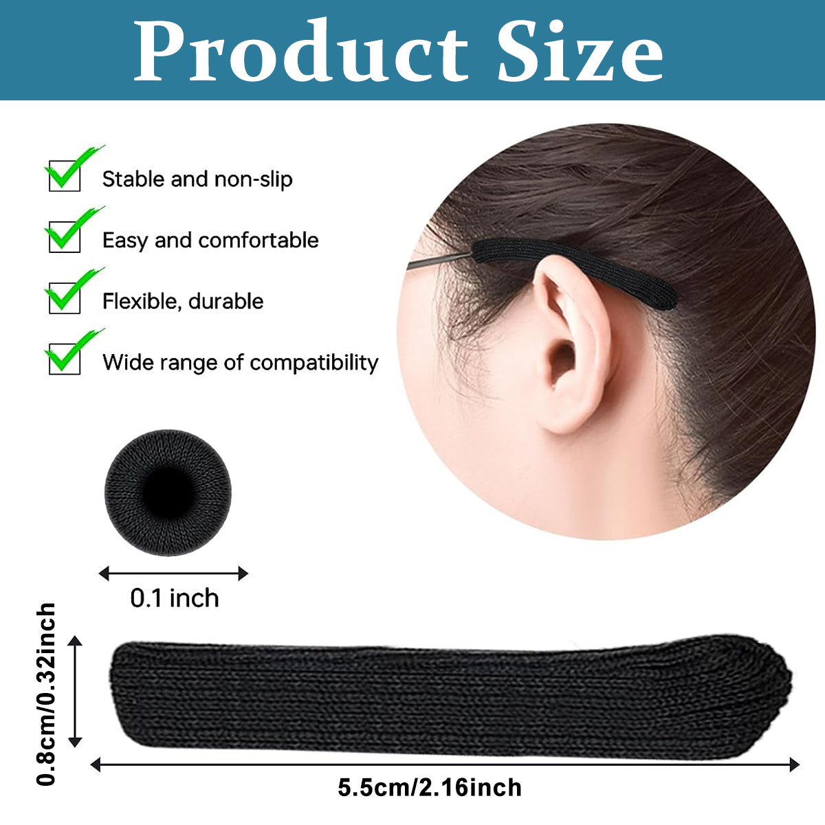 2 Pairs Glasses Ear Cushion, Anti-Slip Elastic Eyeglasses Temple Tips Sleeve Retainer, Comfort Soft Knitting Fabric Sunglasses Ear Grips for Eyewear - Black