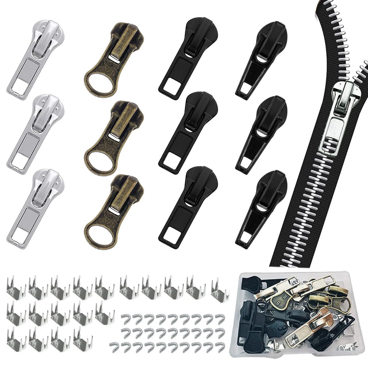 Zipper Repair Kit Includes 12pcs Replacement Metal Zipper Sliders Puller, Zipper Head Bottom Stop and Top Stops, Universal for Repairing Coat, Jacket, Bag