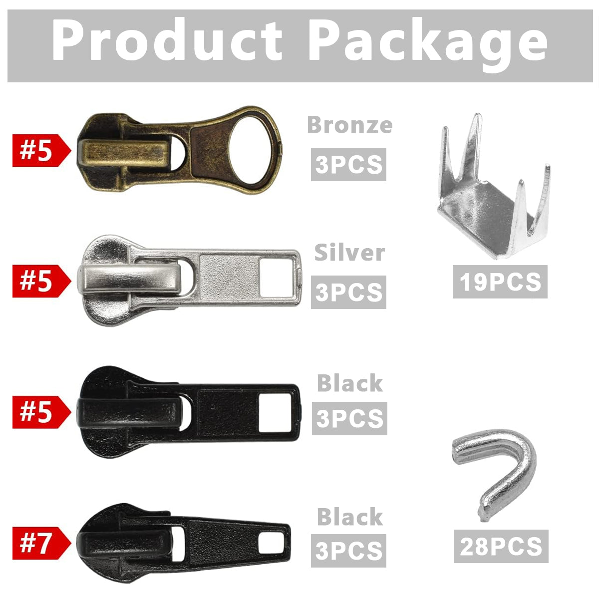 Zipper Repair Kit Includes 12pcs Replacement Metal Zipper Sliders Puller, Zipper Head Bottom Stop and Top Stops, Universal for Repairing Coat, Jacket, Bag