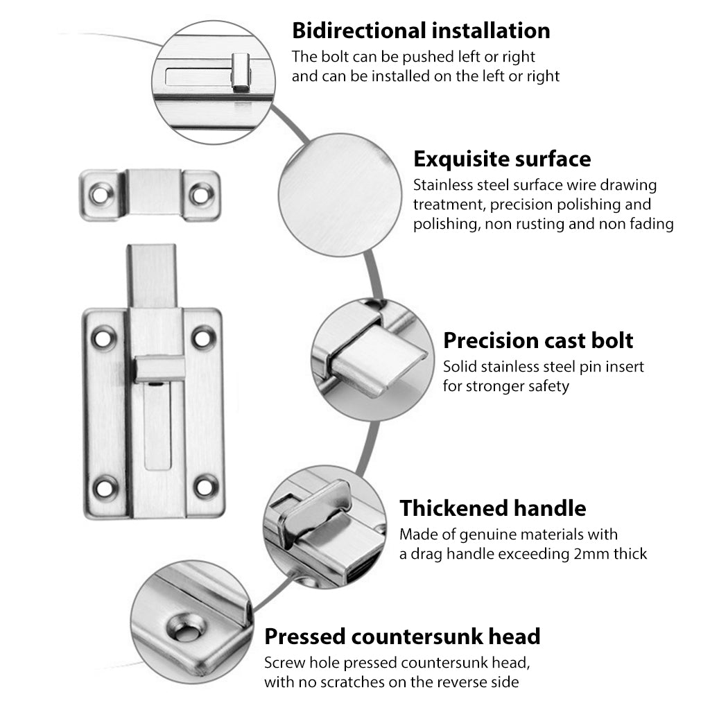 Stainless Steel Door Lock Sliding Latch with Screws Heavy Duty Security Slide Lock for Door, Window, Cabin, Chicken Coop, Barn (2 Pcs, Silver)