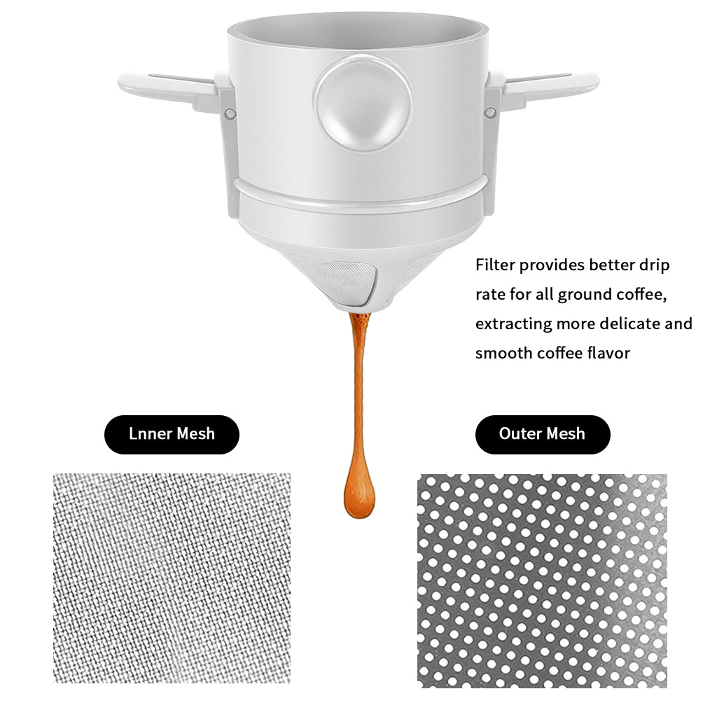 Filter Coffee Maker with Bottom Cup Double Mesh Pour Over Coffee Filter Food Grade Stainless Steel & Plastic Coffee Dripper 100% Paperless Foldable Fit Most Cup Keep Coffee Flavour Easy Clean