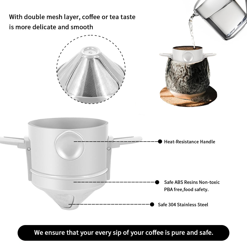 Filter Coffee Maker with Bottom Cup Double Mesh Pour Over Coffee Filter Food Grade Stainless Steel & Plastic Coffee Dripper 100% Paperless Foldable Fit Most Cup Keep Coffee Flavour Easy Clean