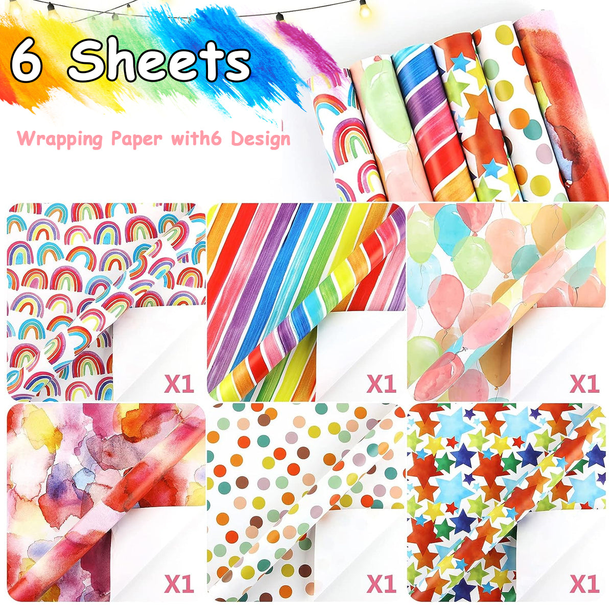 12 Sheets Birthday Wrapping Paper Sheets Recyclable Gift Wrap, Rainbow Colorful Gift Wrapping Paper Folded Flat for Birthday, Diwali, Festivals, Christmas, 27.5'' x 19.6''