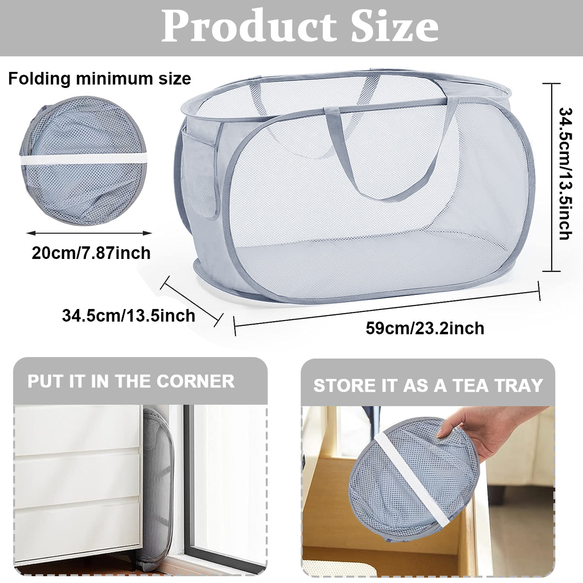 Durable Collapsible Laundry Baskets, Foldable Clothes Storage Hamper with Reinforced Carry Handles, Portable Collapsible Clothes Baskets for Dorm, Bathroom & Travel, Grey