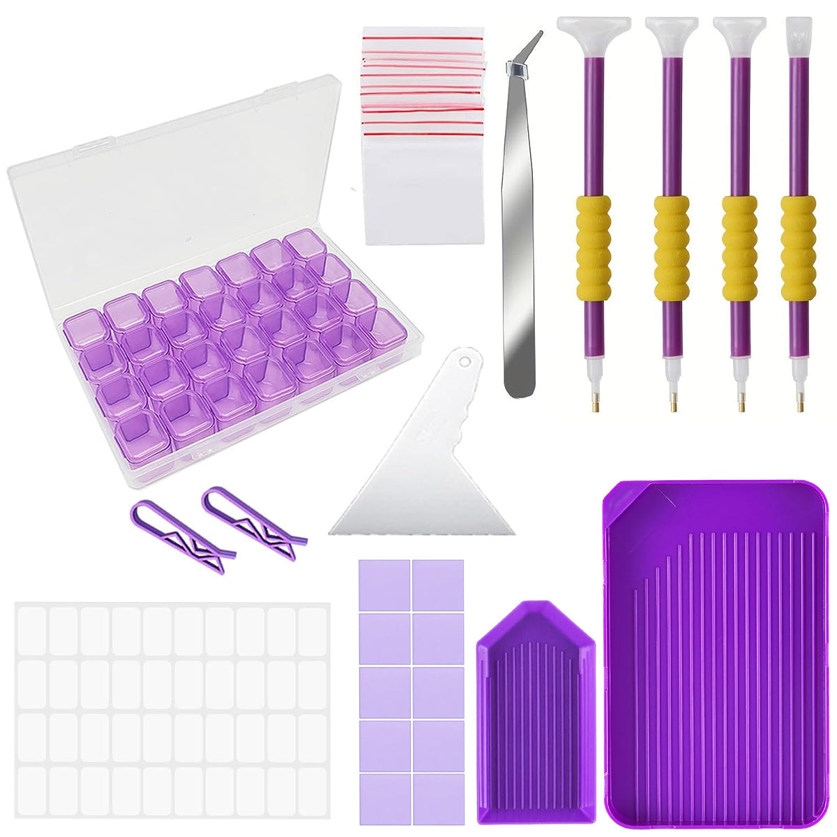 46Pcs 5D DIY Diamond Painting Tools and Accessories Kits with Diamond Painting Trays and Pens, Tweezer, Clips, 28-grids Diamond Organizer, Diamond Art Painting Tool Kit (Without Diamonds)