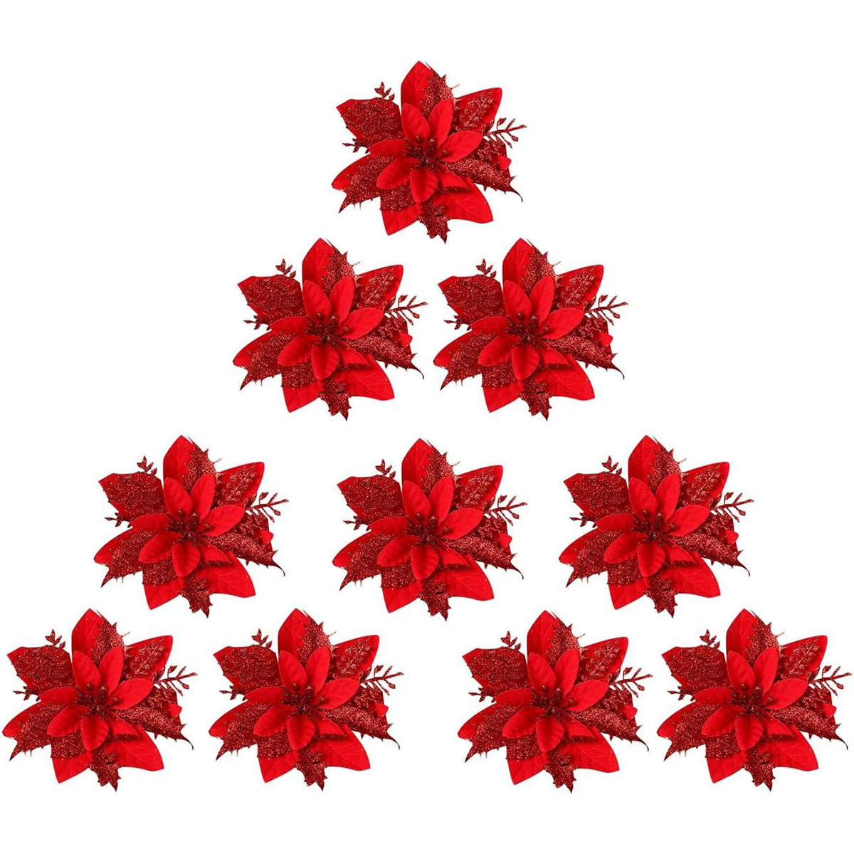 10 Pcs Christmas Tree Decorations Red Glitter Poinsettias Ornament Artificial Poinsettia Christmas Tree Decorations Artificial Christmas Flowers