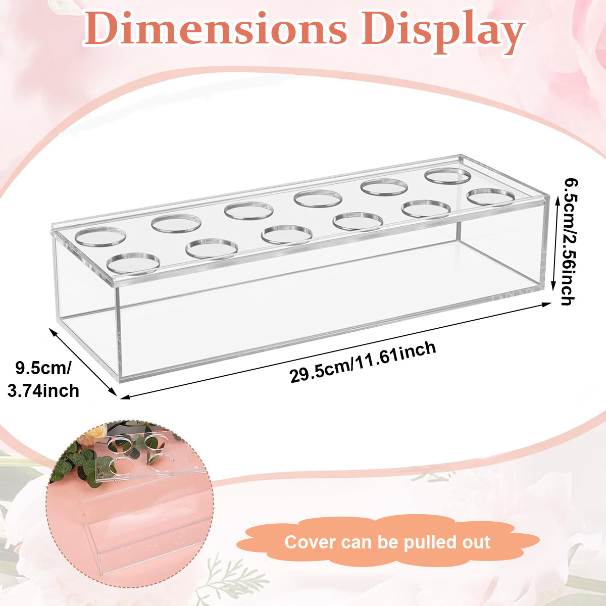 Acrylic Flower Vase Rectangular, 11.8''/30cm Long Clear Floral Vase with Holes for Flowers, Clear Rectangle Box Tray for Roses Modern Flower Arranger for Wedding Home Dining Table Decor