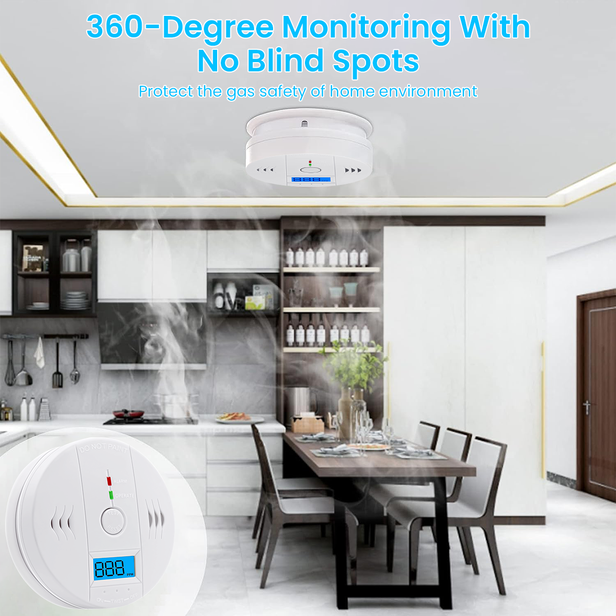 Carbon Monoxide Detector Alarm 85DB Replaceable Battery-Operated Carbon Monoxide Alarm Detectors with Digital Display & LED Lights CO Alarm Device for Kitchen Bathroom (Battery NOT Included)