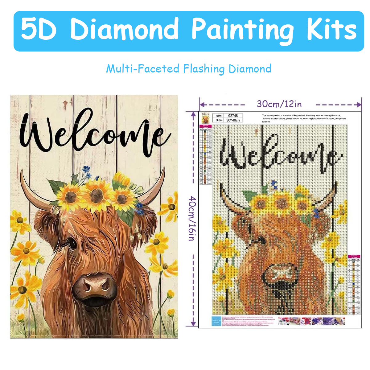 Diamond Painting Kit, 12x16inch Sunflower Cow Diamond Painting, 5D Diamond Painting Kit for Adults & Kids, Very Suitable for Home Leisure and Wall Decoration, Gift for Kids and Adults