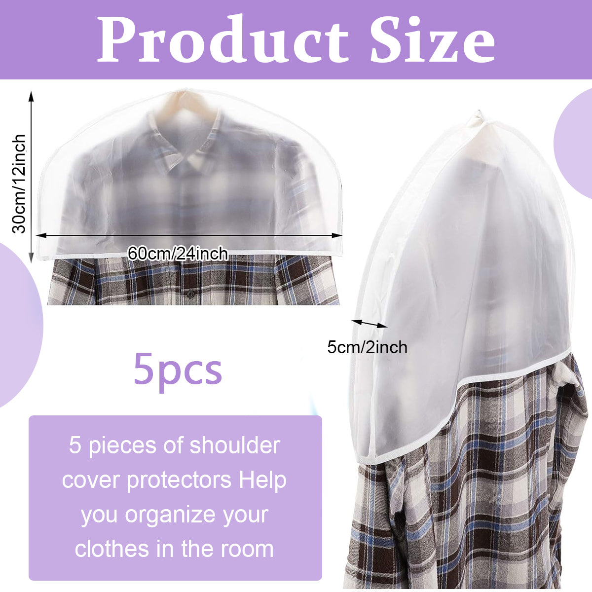 5PCS Shoulder Cover for Clothes Closet, 24'' x12" x2'' Plastic Hanger Covers for Hanging Clothes Breathable Shoulder Garment Dust Cover Protectors