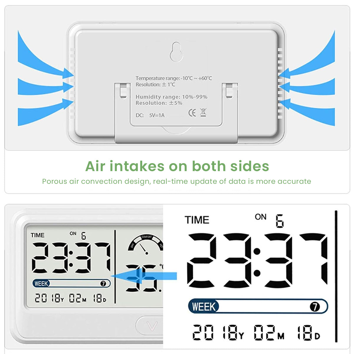 LCD Digital Thermometer Hygrometer Backlight LCD Digital Temperature USB Rechargeable Hygrometer with Comfortness Level Indicator, Alarm Clock, Desk Thermometer Hygrometer