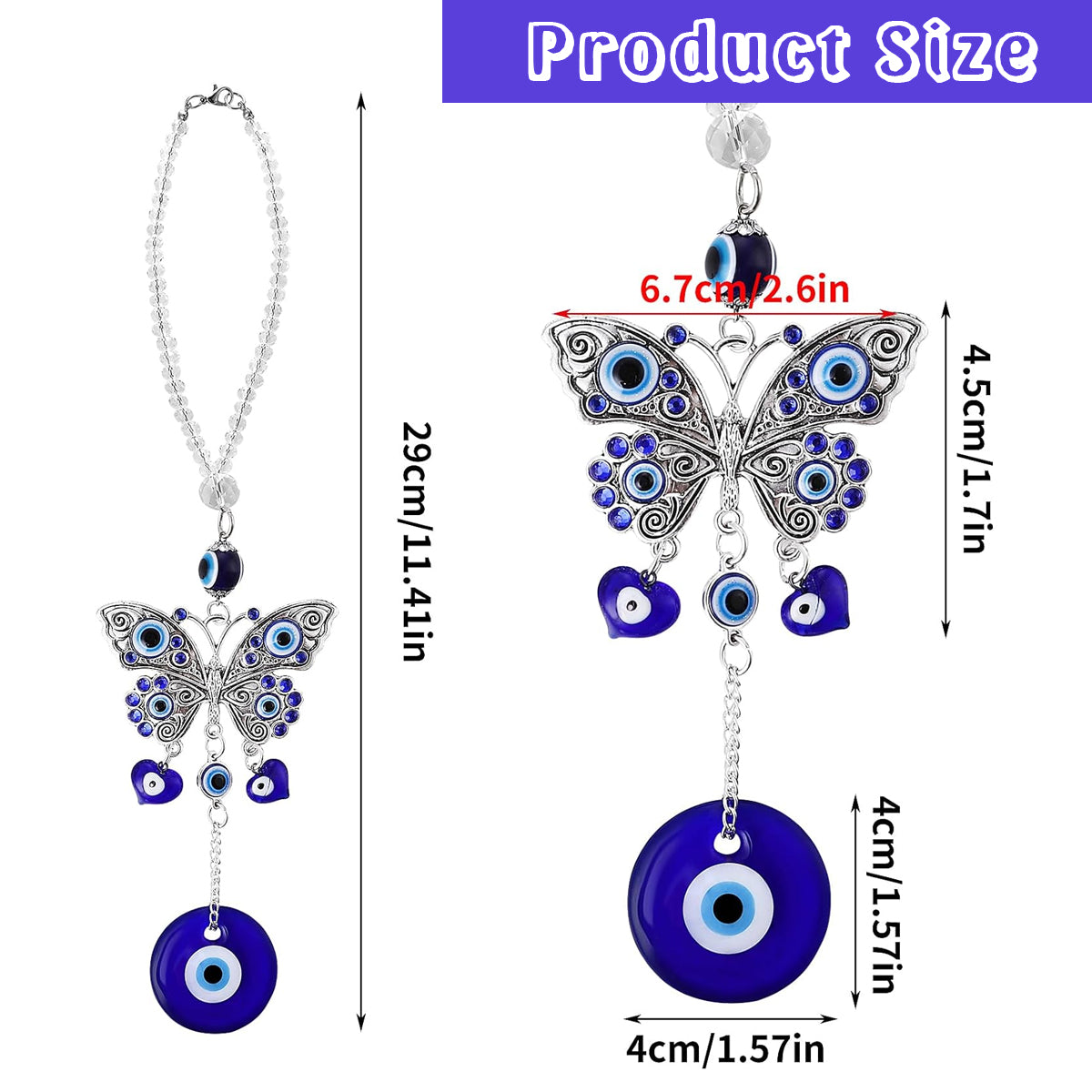 Evil Eye Hanging for Home, Butterfly Blue Evil Eye Wall Hanging for Home Entrance Door Car Office Feng Shui Nazar Battu Pendant Ornament Good Luck Charm and Prosperity Decoration Gift