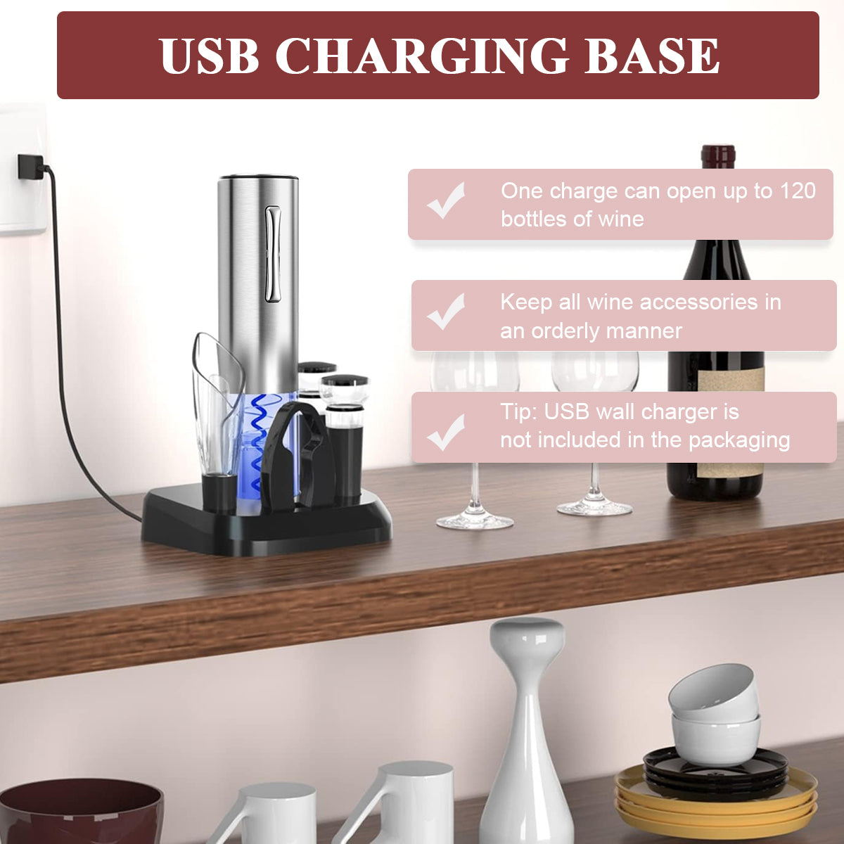 Electric Wine Opener with Charging Base, Rechargeable Automatic One-Button Corkscrew Opener Kit with Foil Cutter, 2pcs Vacuum Stopper and Wine Aerator Pourer for Home Party Wedding