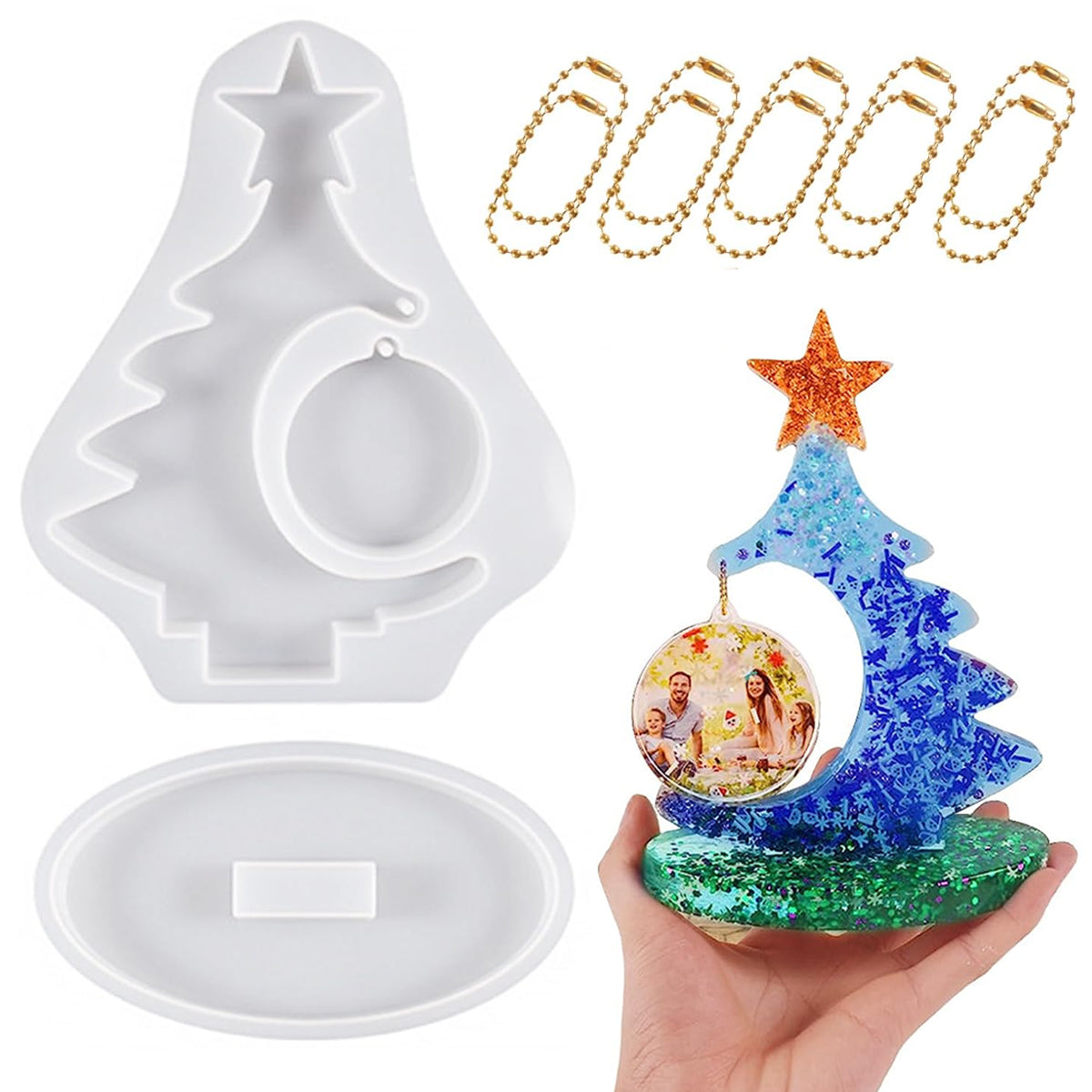 Christmas Tree Resin Mold, DIY Christmas Tree Ornament with Round Hanging Photo Frame Mold & Base Large Christmas Tree Silicone Resin Mold, 8.3 * 6.8 Inches