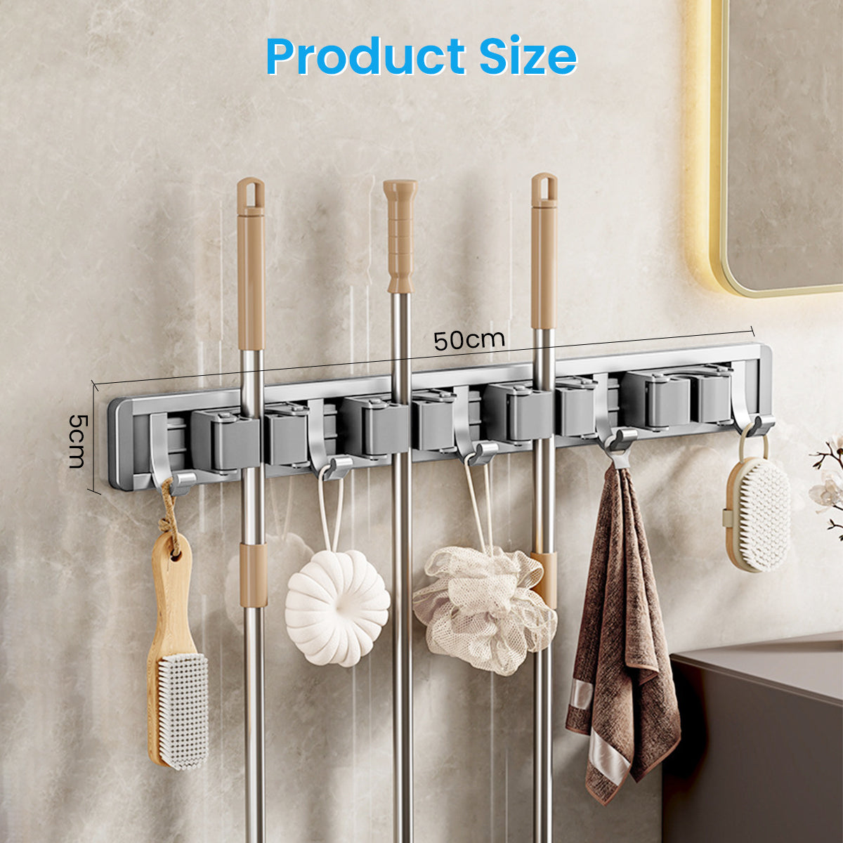 Wall Mounting Mop Broom Holder 4 Slots & 5 Hooks Space Aluminum Broom Organizer Nail-Free Installation Mop Holder for Home, Office, Storage Rooms, Bathroom, Cleaning Room