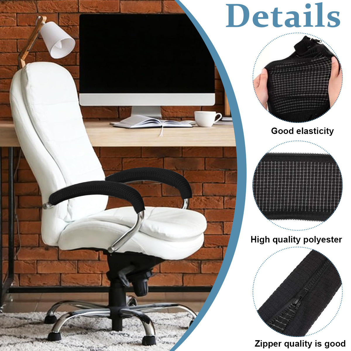 2Pcs Office Chair Armrest Covers, Stretch Chair Armrest Covers, Zipper Chair Slipcover, Removable Arm Rest Covering, Arm Covers Protectors for Office Chair, Game Chair, Wheelchair (Black)