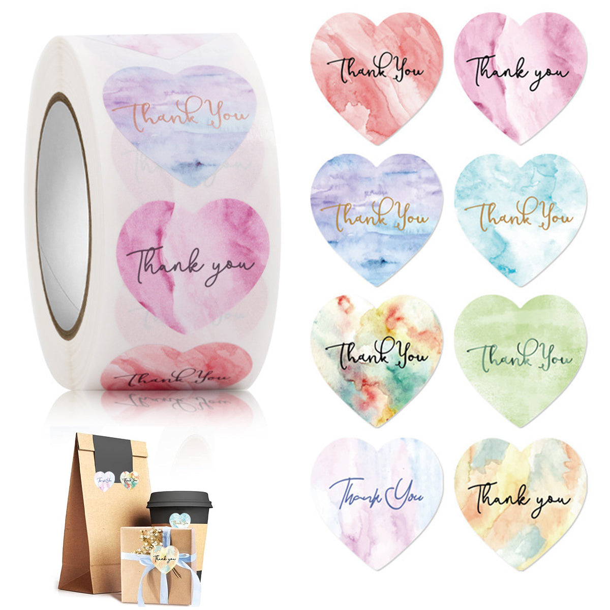 500Pcs Thank You Stickers - 8 Different Design Colorful Heart-Shape Sticker Sealing Stickers, 1'' Self Adhesive Thank You Sticker Lable Heart-Shape Sticker for Christmas Gift, Invitation