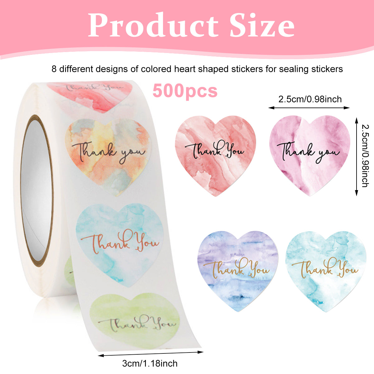 500Pcs Thank You Stickers - 8 Different Design Colorful Heart-Shape Sticker Sealing Stickers, 1'' Self Adhesive Thank You Sticker Lable Heart-Shape Sticker for Christmas Gift, Invitation