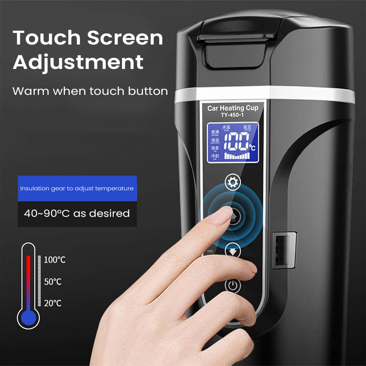 Car Electric Kettle 450ml Electric Heating Water Cup for 12/24V Vehicle LCD Digital Temperature Display Electric Water Kettle 304 Stainless Steel Liner Leak-proof Water Heaters