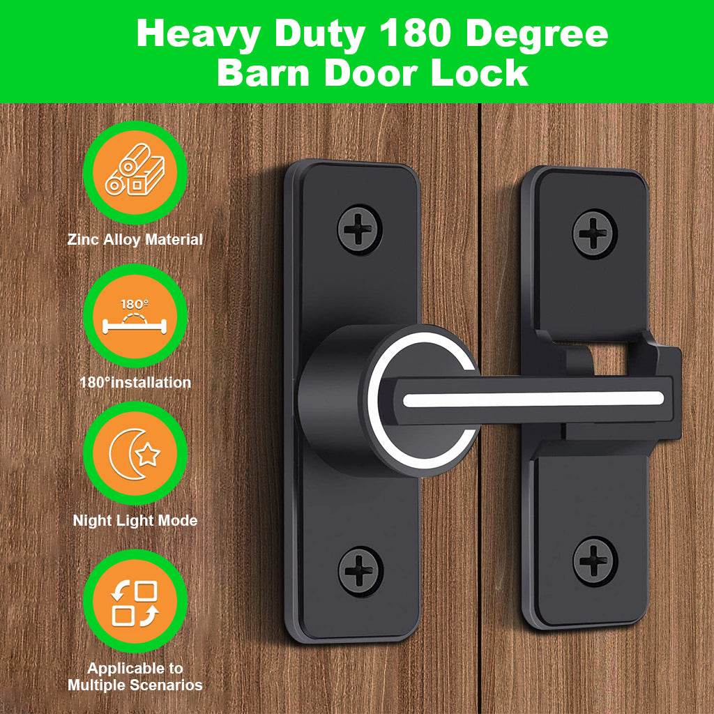 Sliding Door Locks, 180 Degree Heavy Duty Barn Door Lock Hardware with Reflective Strip Mark, Barn Sliding Door Latch Lock Suitable for Garden, Bathroom, Outdoor, Garage, Window (Black)