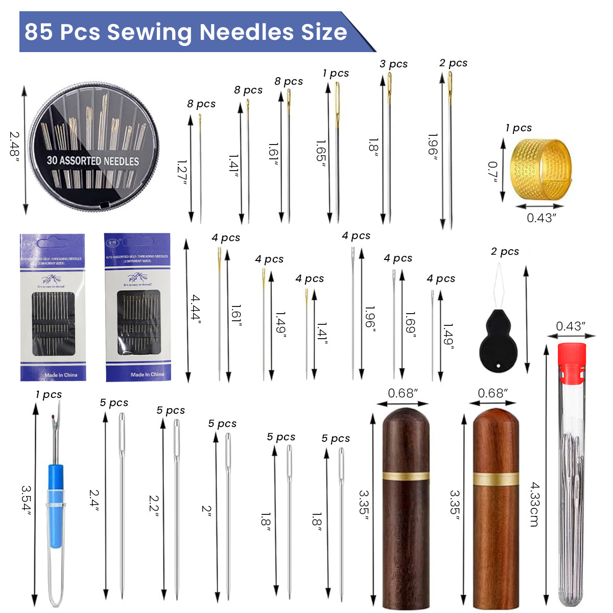 Sewing Needles Set, 85 Pcs Sewing Needles, 3 Styles 14 Size Assorted Needles for Sewing, Stainless Steel Large Eye Embroidery Hand Sewing Needles with Threaders for DIY Craft