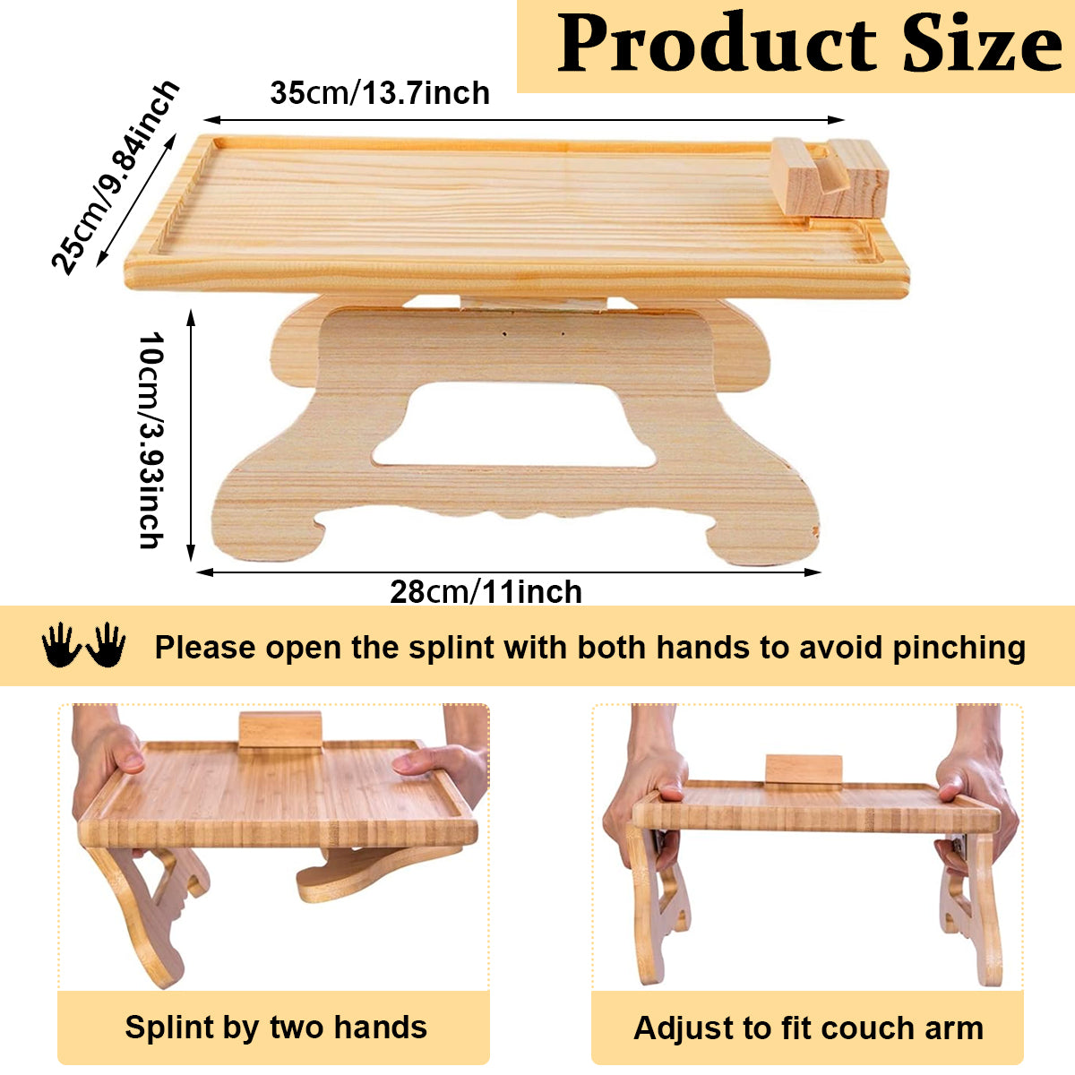 HASTHIP® Sofa Armrest Wooden Tray Small Table for Sofa Armrest Folding Foot Wooden Dinning Table Laptop Stand with 360° Rotatable Phone Holder Armrest Table for Work, Relaxing, Reading